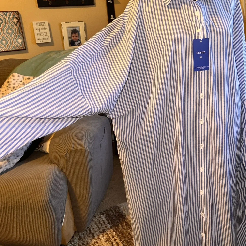 Chouytou button down shirt dress blue & white stripes, side pockets, split hem - Picture 13 of 16